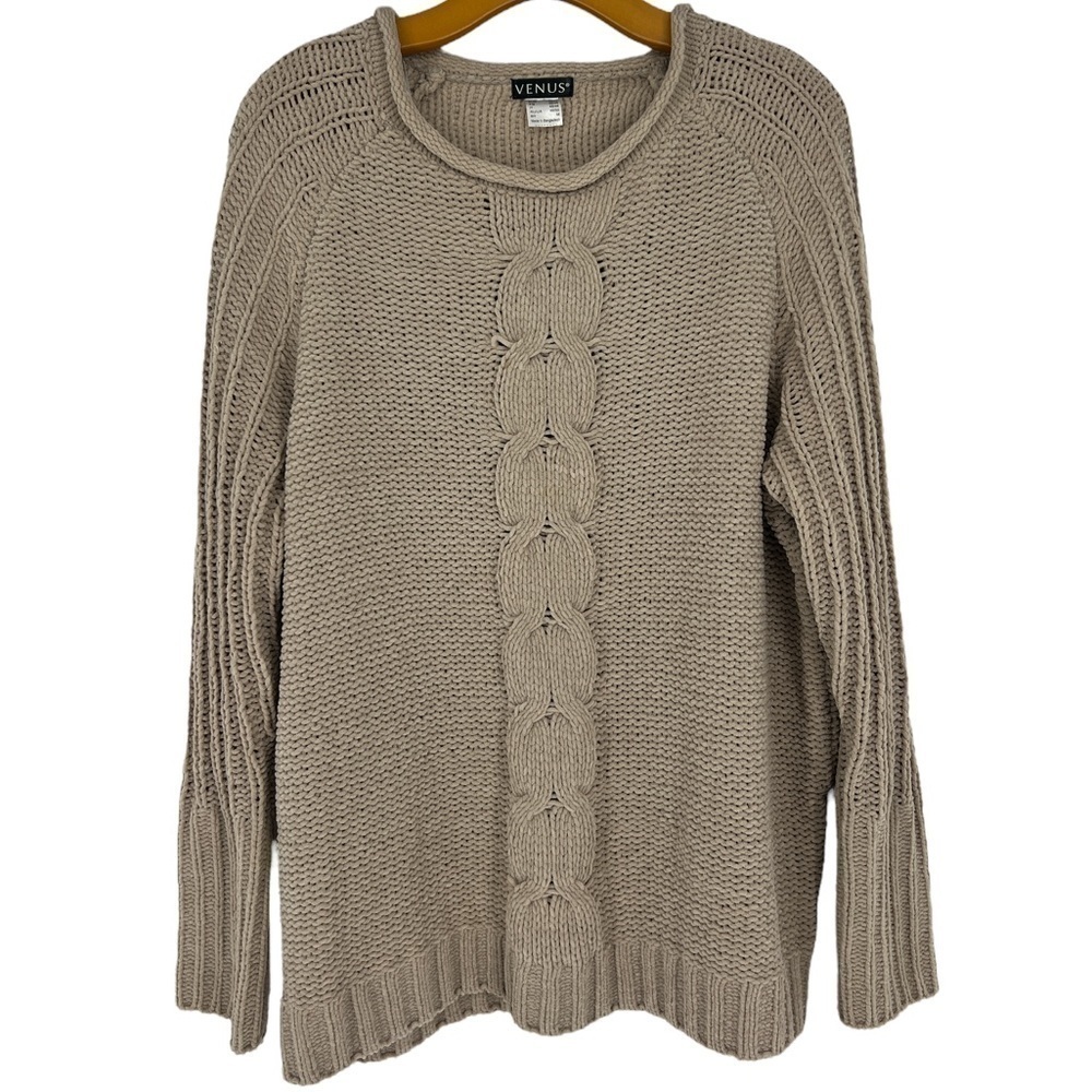 Venus Beige Loose Chunky Cable Knit Soft Chenille Sweater Rolled Crewneck SZ M